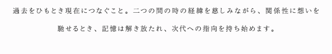 過去をひもとき現在につなぐこと。二つの間の時の経緯を慈しみながら、関係性に想いを馳せるとき、記憶は解き放たれ、次代への指向を持ち始めます。
